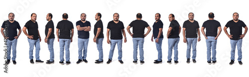 view of the same latino american man standing in different poses on white background,