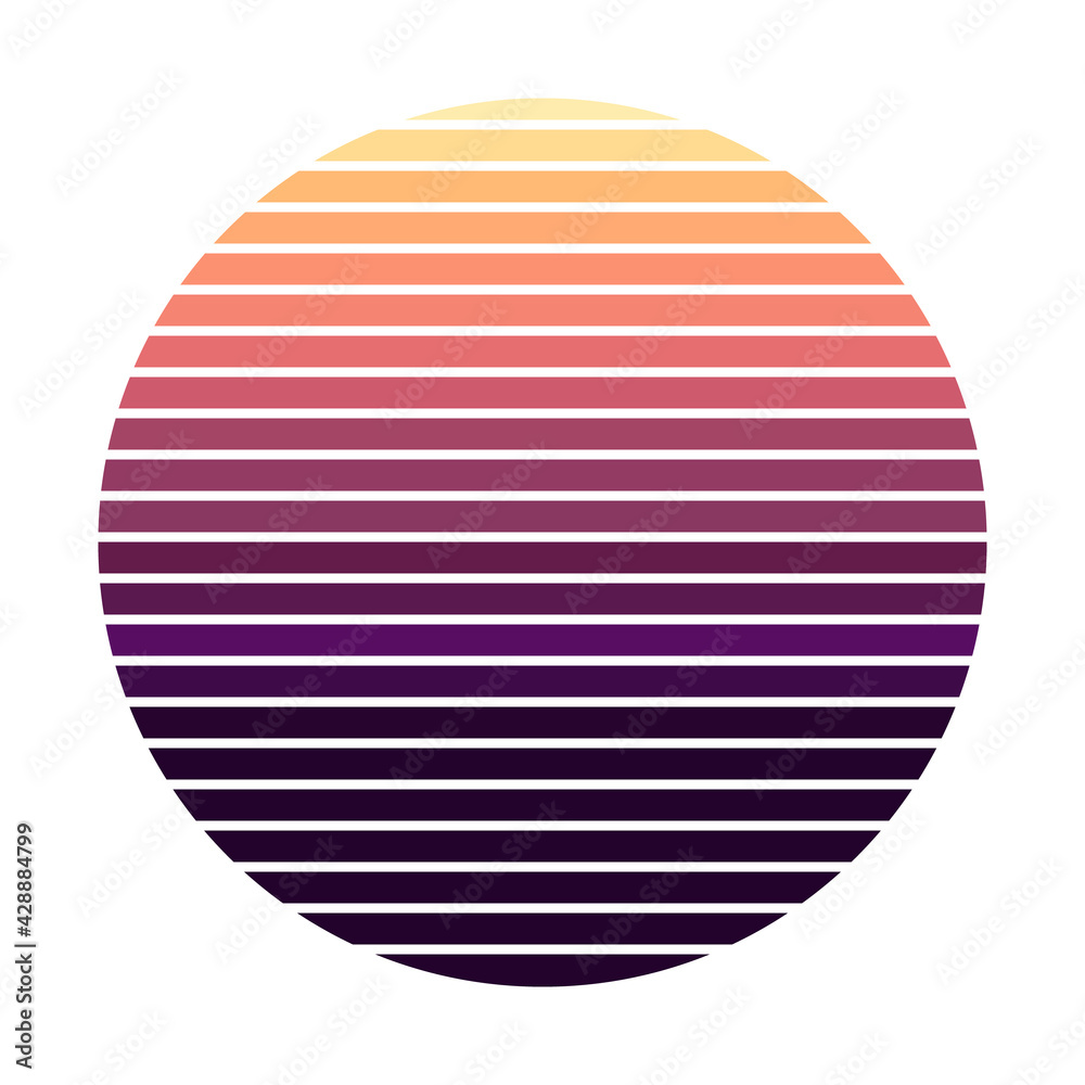 Retro sunset in the style of the 80s-90s. Abstract gradient background. Yellow and purple colors. Design template for logo, badges, banners, prints. Vector illustration on isolated white background