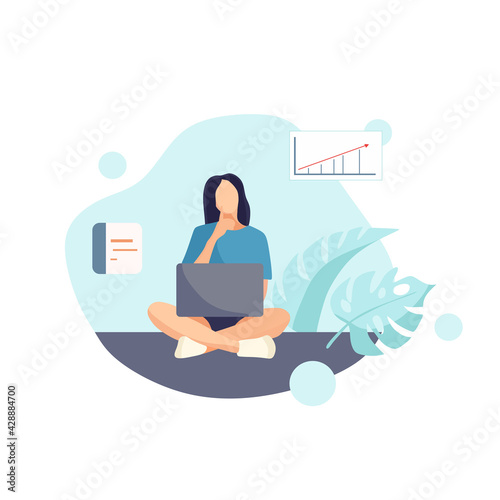 The girl is working on a laptop sitting on the floor. Vector illustration in blue shades in cartoon style.
