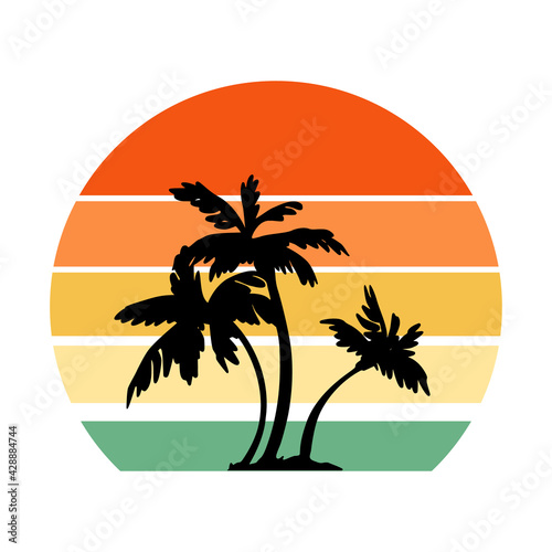 Retro vintage sunset in 80s-90s style. Black silhouettes of palm trees. Striped circle. Vector design template for logo, badges, banners, prints. Isolated white background.