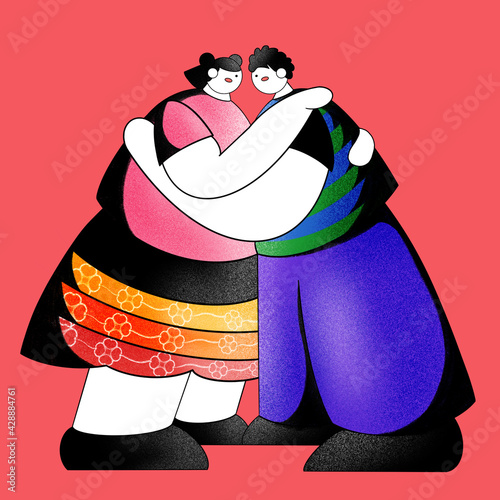 Pareja de amigos LGTBQ andinos dándose un abrazo frontal photo