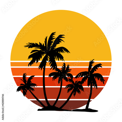 Retro vintage sunset in 80s-90s style. Black silhouettes of palm trees. Striped circle. Vector design template for logo, badges, banners, prints. Isolated white background.