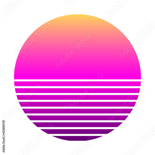 Retro sunset in the style of the 80s-90s. Abstract gradient background. Purple and yellow colors. Design template for logo, badges, banners, prints. Vector illustration on isolated white background © Orange Brush