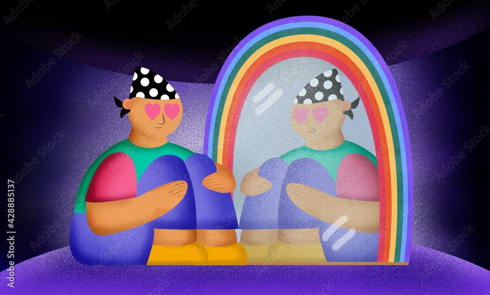 Naklejka premium Adolescente gay mirándose a si mismo al espejo con amor en su habitación