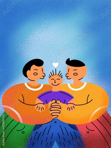 Ilustracion de Familia homoparental de gays e hijo photo