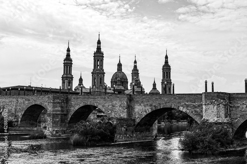 landscape Nuestra Señora del Pilar Cathedral Basilica view from the Ebro River in a spring day