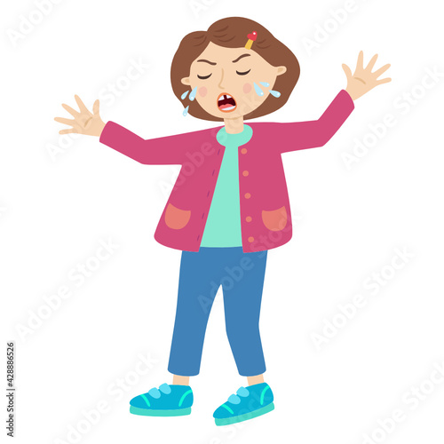 Angry little girl who screams and cries  in pink cardigan, blue pants and blue Sneakers vector illustration on the white background