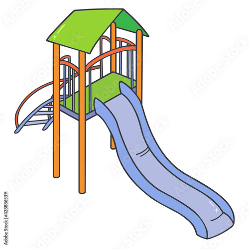 Free standing playground straight slide with green roof and ladder vector illustration on the white background