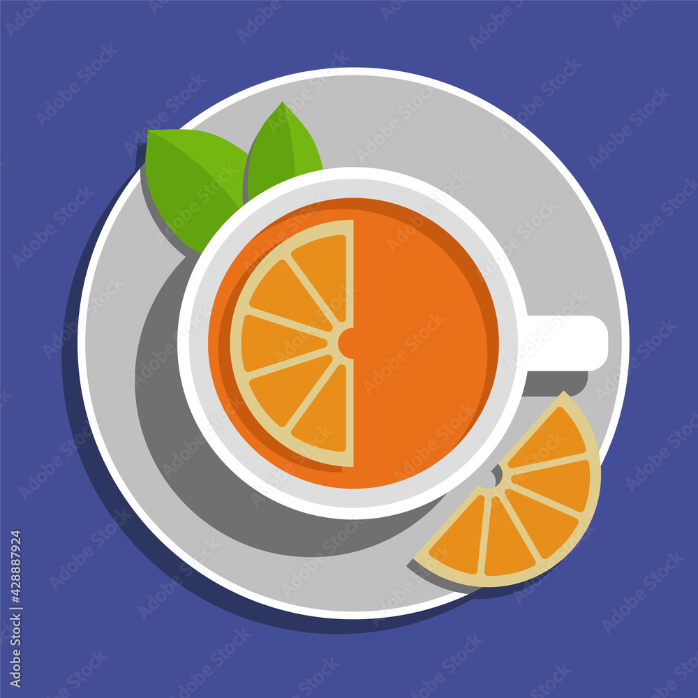 A cup of light black tea with lemon and leaves on a saucer on a blue background. Flat design. Vector illustration for menu, cafe, restaurant, recipes. A cup of light black tea with lemon and leaves on a saucer on a blue background. Flat design. Vector illustration for menu, cafe, restaurant, recipes.