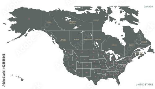 North America countries border map. vector map of U.S. and Canada, Mexico.