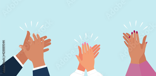 Clapping hands, different people applaud isolated on blue background.Female and male arms. Congratulation. Vector illustration in flat style.