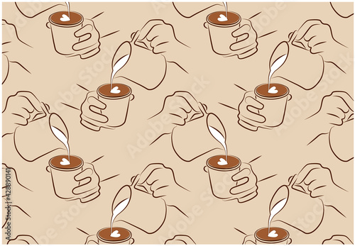 Sketch drawing pattern of barista making a coffee latte art. Human add milk to espresso. Brown background for cafe, wallpaper, packaging, organic arabica, milk pitcher, heart shape.Vector illustration