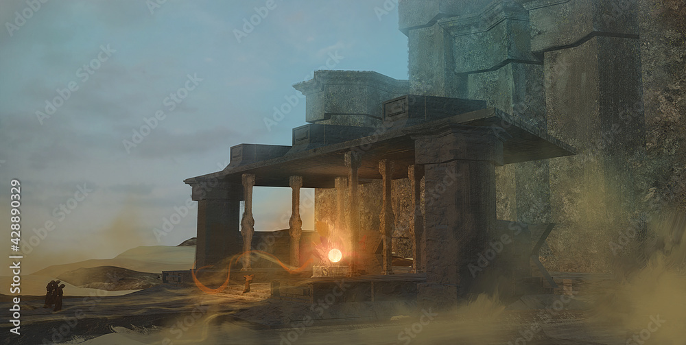 Naklejka premium Digital fantasy painting of a magic ritual in a desert temple by a cult of mysterious monks - 3d illustration