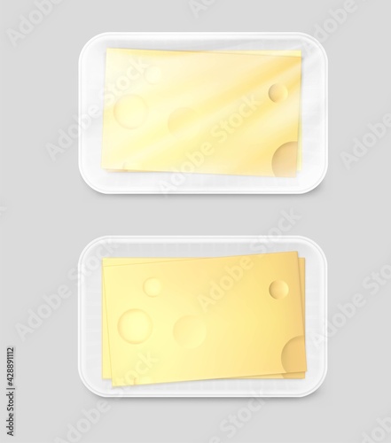 Tray container mockup with slice cheese. Vector illustration isolated on gray background. EPS10	