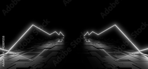 Fototapeta Naklejka Na Ścianę i Meble -  A dark hall lit by white neon lights. Reflections on the floor and walls. 3d rendering image.
