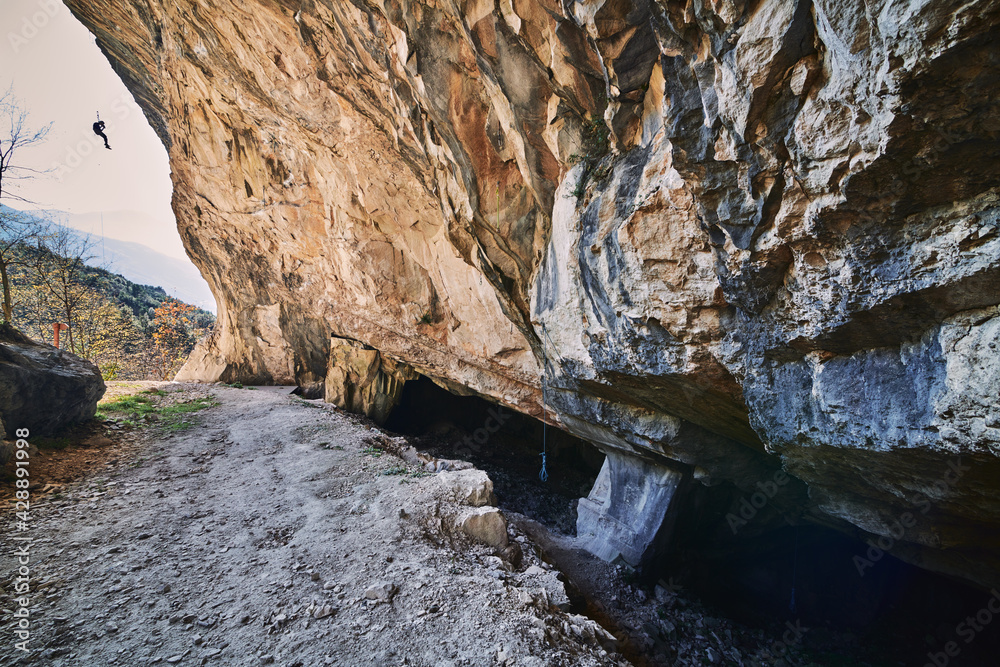 Beautiful Limestone cave, Old Oolitic stone quarries in Massone, The extracted stone, called 