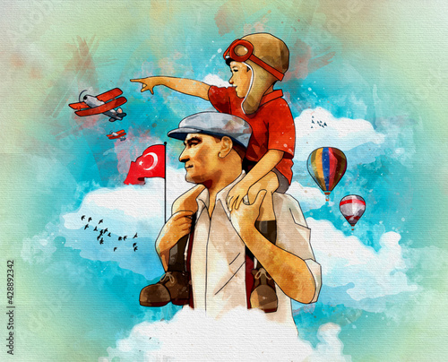 Ankara, Turkey - 23 April 1921:  Digital watercolor illustration of Atatürk. He carries the little boy on his shoulders.