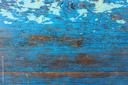 Wooden background in blue color in grunge style. Old rotten wood board.