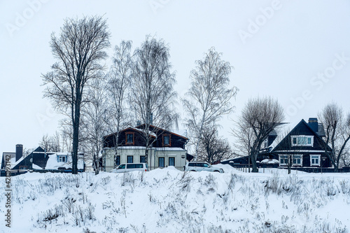 Suzdal, Russia - February, 22, 2021: Winter landscape with the image of old russian town Suzdal