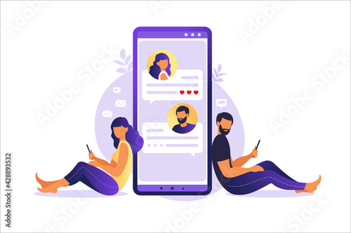 Online dating and social networking, virtual relationships concept. Male and female chatting on the Internet. Dating app and virtual relationship. Vector illustration