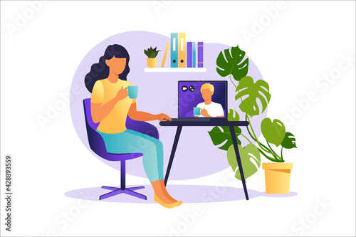 Woman sitting at laptop and using website for dating or searching for love. Virtual relationships and online dating and social networking concept. Vector illustration.