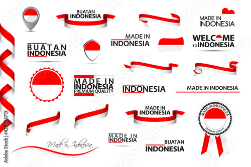 Big vector set of Indonesian ribbons, symbols, icons and flags isolated on a white background. Made in Indonesia, premium quality, Indonesian national colors. Set for your infographics and templates