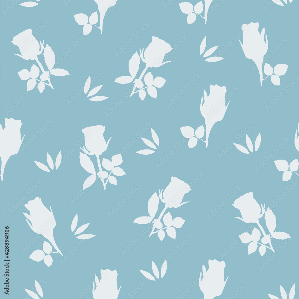 vector soft blue roses and leaves seamless pattern. Great for retro summer fabric, scrapbooking, gift wrap, and wallpaper design projects. The surface pattern design.