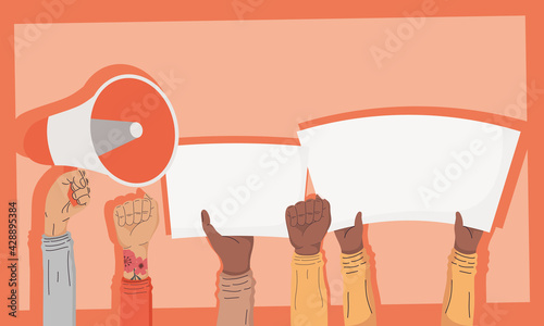 five interracial protesters hands