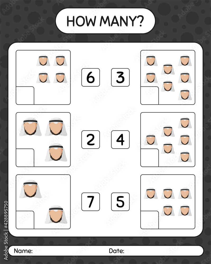 How many counting game with Arabian. worksheet for preschool kids, kids activity sheet, printable worksheet How many counting game with Arabian. worksheet for preschool kids, kids activity sheet, printable worksheet