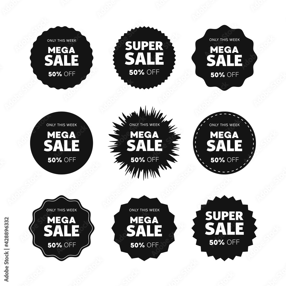 Advertising sale label set. Black Friday. Shopping and discounted purchases. Flat vector illustration. Isolated on white background.