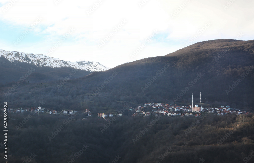 Famous village Rostushe (or Rostoucha, or Rostuse) from Monastery of Saint Jovan Bigorski in Mavrovo National Park, Macedonia.