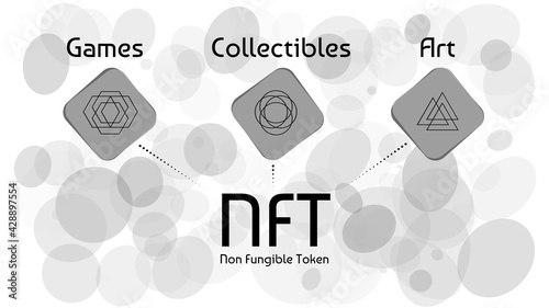 NFT non fungible tokens infographics on abstract light background. Pay for unique collectibles in games or art. Vector illustration.