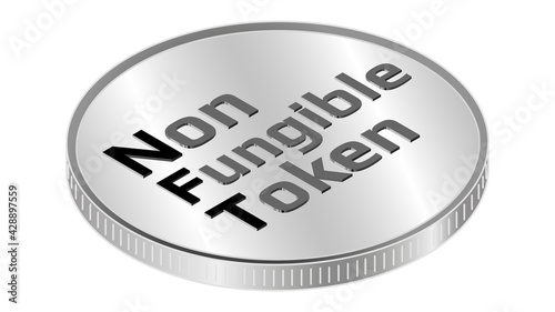 NFT non fungible token isometric text on coin isolated on white. Pay for unique collectibles in games or art. Vector illustration.