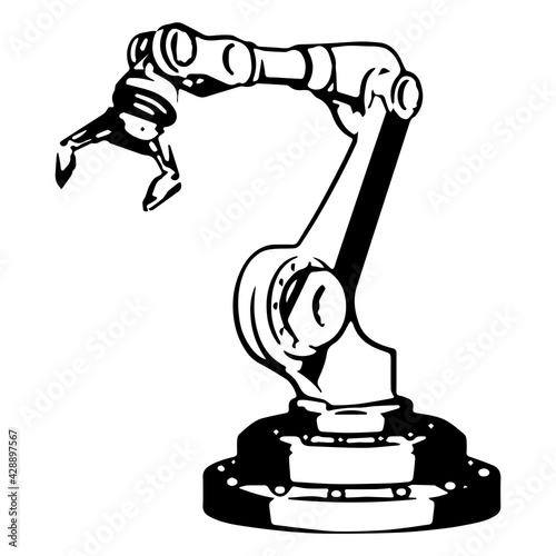 Outline mechanical robotic arm with gripper isolated on white. Vector illustration.