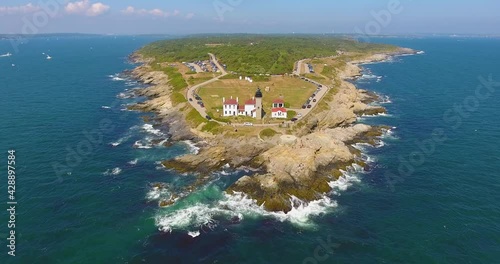 Beavertail Lighthouse in Beavertail State Park aerial view in summer, Jamestown, Rhode Island RI, USA. This lighthouse, built in 1856, at the entrance to Narragansett Bay on Conanicut Island. photo