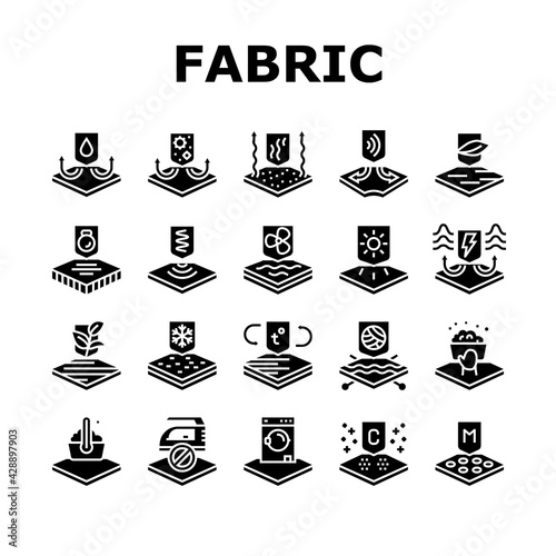 Fabrics Properties Collection Icons Set Vector. Elastic And Stretched, Warm And Cool, Antibacterial And Breathable Fabrics Properties Glyph Pictograms Black Illustrations