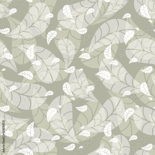 Delicate green-beige seamless geometric pattern with layered falling leaves on a green background. Abstract autumn vector for wallpaper, wrapping paper, home decor and fashion fabrics.