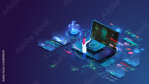 Online doctor and medical consultation. Pharmaceutical research laboratory with scientists working to develop new drugs and genetic testing. Modern treatment  future, medicine. Innovative healthcare.