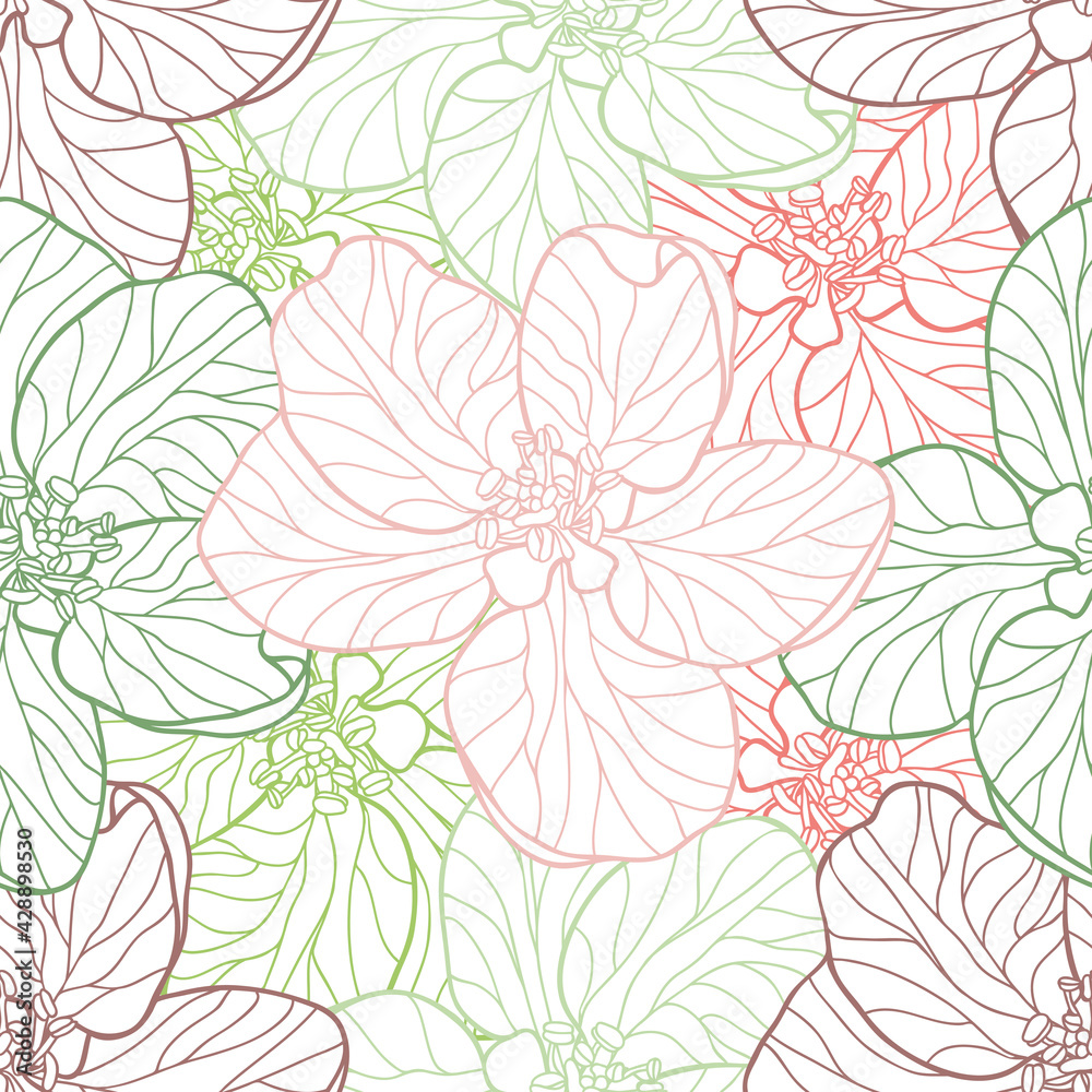 Delicate colourful Apple flowers on a white background. Seamless line art vector pattern suitable for wallpapers, home textiles and fashion fabrics. Pastel muted colour combination.
