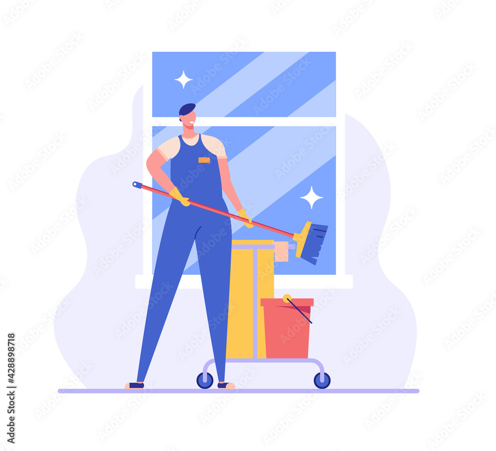 Cleaners team working in office or home. Janitor or housekeeper in uniform. Concept of cleaning service, cleanup house, housekeeping. Vector illustration in flat design for web banners