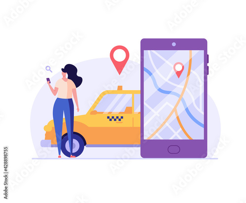 Woman calling a taxi, checking where the car is. Concept of taxi service, geolocation, convenient use, car, driver. Vector illustration in flat design for mobile app, web banner.