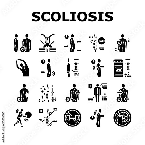 Scoliosis Disease Collection Icons Set Vector. Corset And Surgery Medical Operation For Treatment Kyphosis And Scoliosis Health Problem Glyph Pictograms Black Illustrations
