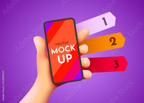 Cute hand holding smartphone mockup. Mockup with three options. Mobile info concept.