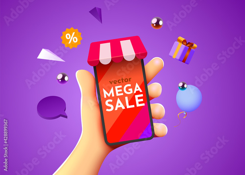 Mega sale mockup. Hand holding mobile smart phone with shop app. Online shopping concept.