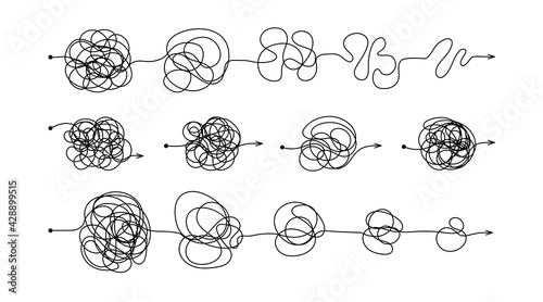 Complex messy connected lines as concept of chaos solving. Process of problem simplifying in mind. Vector illustration of confusion to clarity step by step, psychotherapy path for mental health