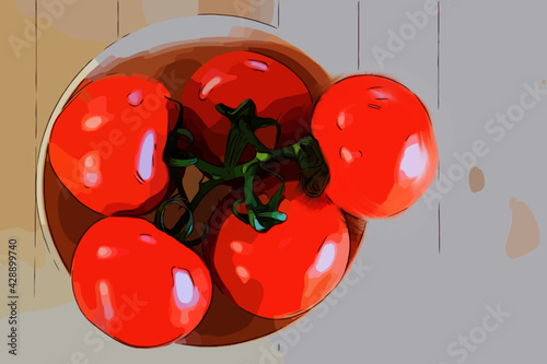 Red ripe tomatoes on the vine in a bowl vector illustration  