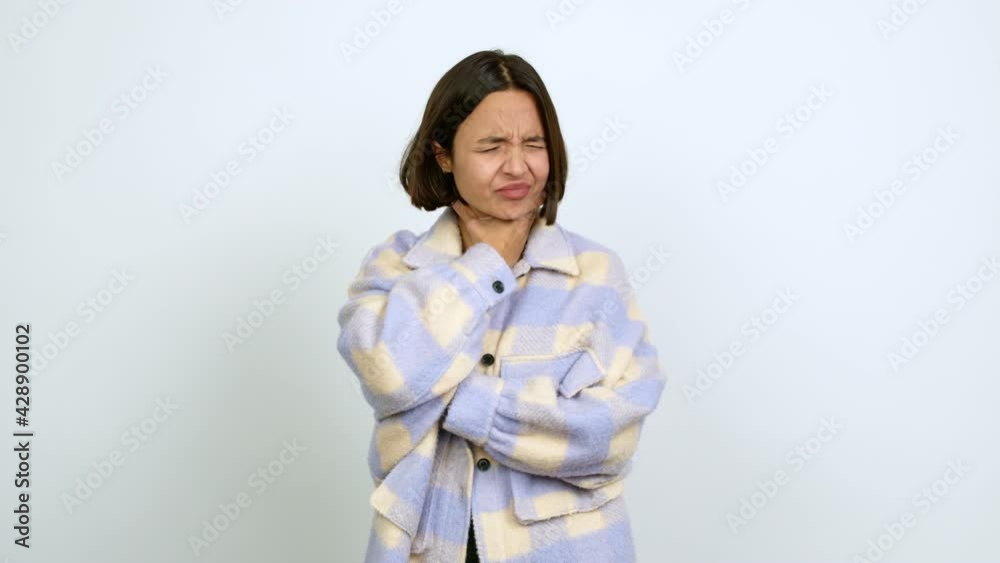 Young latin woman with sore throat over isolated background