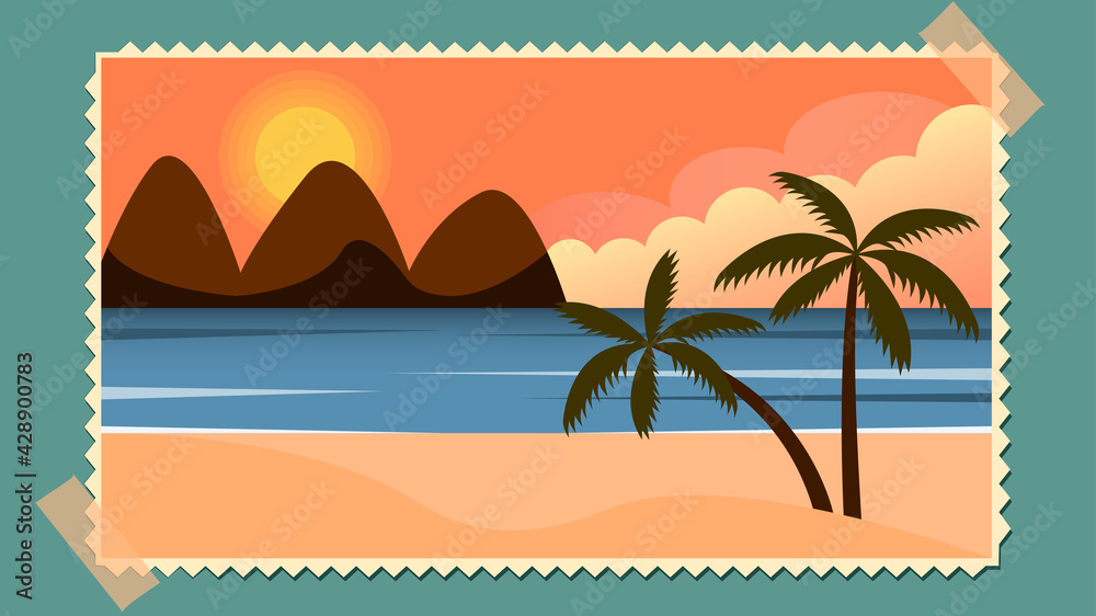  illustration, image in the style of a photograph, glued with tape, depicting a tropical sunset against a background of mountains, clouds, ocean, sand, palms in retro colors
