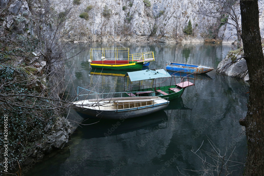 Matka Canyon in Skopje, Macedonia. Matka is one of the most popular outdoor destinations in Macedonia. - obrazy, fototapety, plakaty 