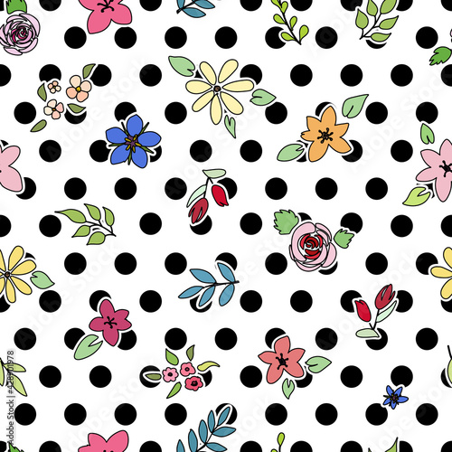 	
Pastel flowers varied over large black polka dot and white background seamless pattern.	
